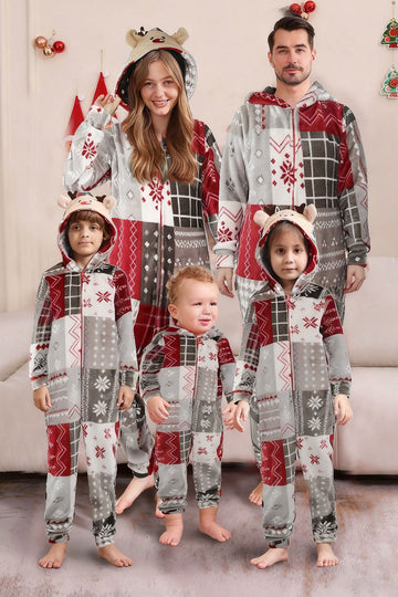 Pyjama familial assorti imprimé flocon de neige gris rouge